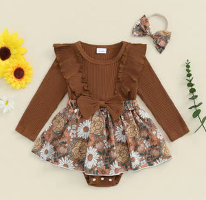 Fall Florals Romper Dress - Brown