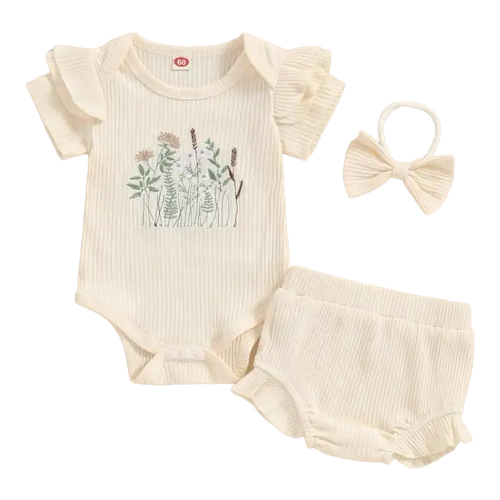 Embroidered Flowers Ribbed Set