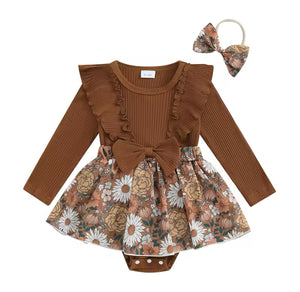 Fall Florals Romper Dress - Brown